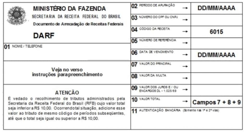 Imagem de um exemplo do DARF (Documento de Arrecadação de Receitas Federais)